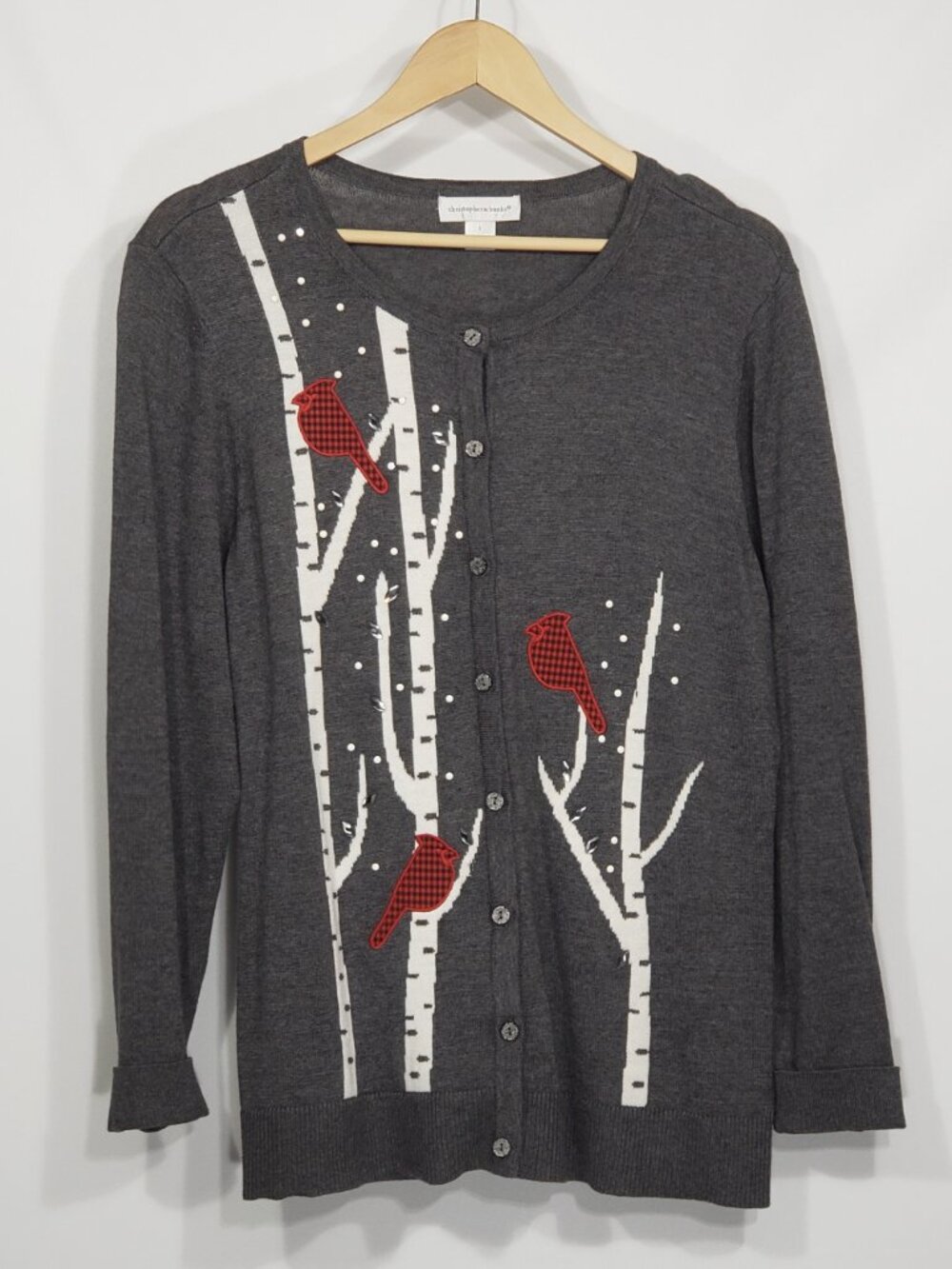 Christopher & Banks Grey Buttonfront Cardigan Women's Large Trees Cardinals